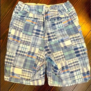 Boys Gap 18 husky blue + white madras Bermuda shorts. Plaid patches.